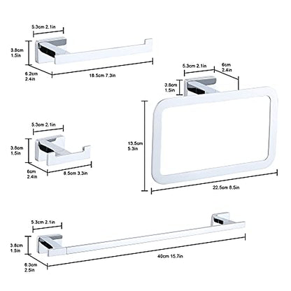 4 Piece Bathroom Hardware Accessories Set,Chrome Stainless Steel Towel Bar Sets Wall Mounted - Includes 16" Towel Bar, Square Towel Ring, Toilet Paper Holder, Robe Towel Hook - color: Chrome, size: 16 inches