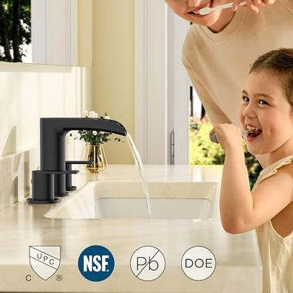FORIOUS Bathroom Faucet 3 Hole Widespread Sink 8 Inch 2 Handle Matte Black | 3-hole 6-12 Inch Widespread Sink, Waterfall Faucets, with Drain and Hoses,for Vanity Rv Commercial Lavatory Restroom Basin - color: Matte Black