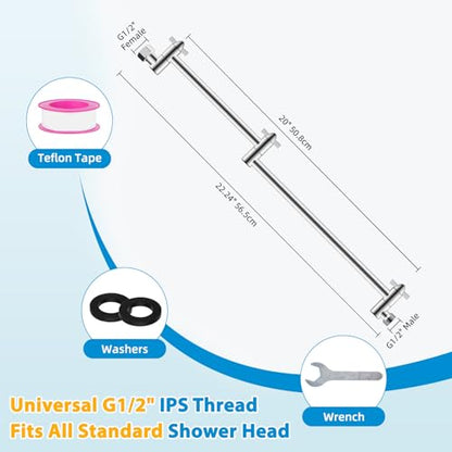 All-Metal 20" Shower Head Extension Arm, G1/2" Universal/Adjustable, Chrome | Flexible Brass Shower Extender Height/Angle Adjustable for Tall People, Stainless Steel Shower Pipe Extended with Lock Joint - color: Chrome, size: 20 Inch
