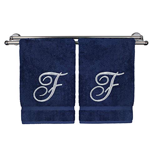 BC BARE COTTON Monogrammed Hand Towel, Navy, 16 x 30 Inches - Set of 2, Extra Absorbent 100% Turkish Cotton, Soft Terry Finish, for Bathroom, Kitchen and Spa - color: Silver on Navy, style: Durability