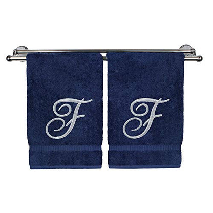 BC BARE COTTON Monogrammed Hand Towel, Navy, 16 x 30 Inches - Set of 2, Extra Absorbent 100% Turkish Cotton, Soft Terry Finish, for Bathroom, Kitchen and Spa - color: Silver on Navy, style: Durability