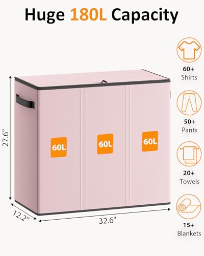 Optish 180L Laundry Hamper 3 Section, Large Laundry Hamper with Lid, Dirty Clothes Hampers with 3 Inner Bags, Laundry Basket Organizer for Laundry, Bedroom, Bathroom, Hamper 3 Compartment, Pink - color: Pink