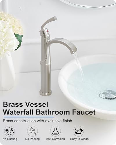 Bathroom Vessel Sink Faucet Brushed Nickel, Brass Tall Waterfall Bathroom Faucet 1 Hole Bathroom Sink Faucet Single Handle Bathroom Faucets with Water Lines Pop-Up Drain - color: Brushed Nickel
