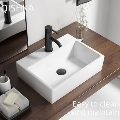 Wall Mounted Bathroom Vessel Sink, QISHKA 19" X 14" Rectangular Floating Ceramic Wash Hand Basin White Wall Hung Vanity Sink for Bathroom and Cloakroom - size: 19.3" x 14" x 5.1"