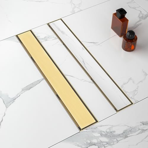 32 Inch Linear Shower Drain-Brushed Gold, with Tile Insert Grate | AISI 304 Stainless Steel Shower Drain, Rectangle Shower Floor Drain with Leveling Feet, Fits Bathroom & Balcony etc - color: Brushed Gold, size: 32 Inch