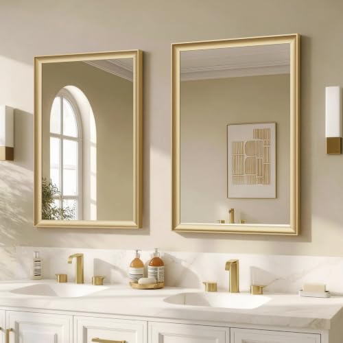 USHOWER 2PCS Brushed Gold Bathroom Mirrors for Over Sink 24x36 Inch, Aluminum Framed Rectangle Vanity Mirror for Wall, Bedroom, Living Room, Entryway, Anti-Rust, HD Tempered Glass, Horizontal/Vertical - color: Brushed Gold, size: 36"L x 24"W-2PCS