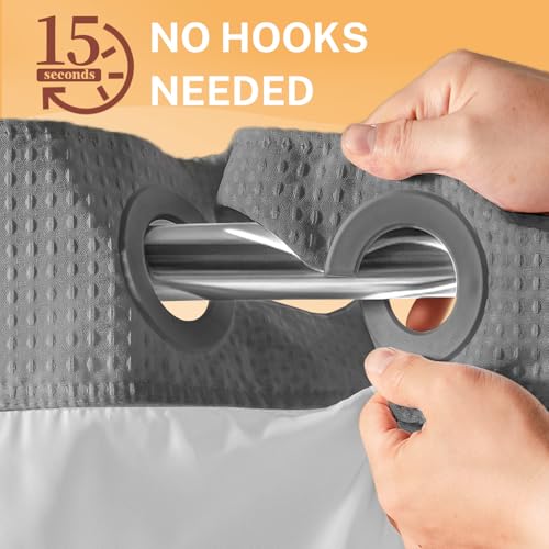 River Dream No Hooks Shower Curtain with 2 Snap in Liner, Gray, 71Wx74H | Waffle Weave, 1 Attached Snap in Liner and 1 Extra Replacement Liner, Bathroom Curtains Shower Set, Hotel Grade, Spa Like - color: Grey