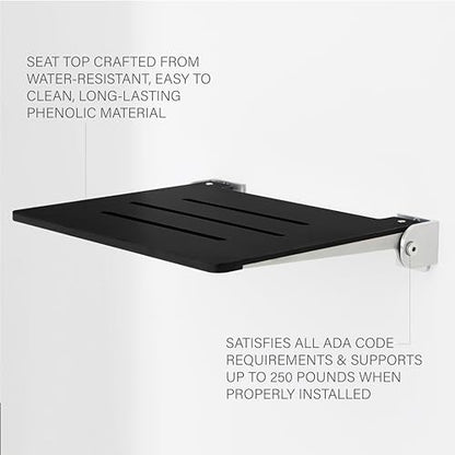 Seachrome 18 inch Silhouette Slimline Folding Wall Mount Shower Bench Seat, Matte Black Seat with Silver Frame - color: Matte Black Seat With Silver Frame