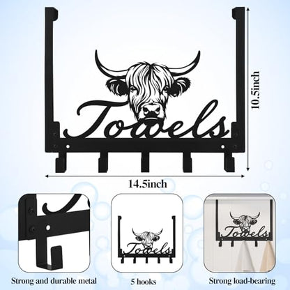 Kathfly Cute Chibi Highland Cow Over the Door Hooks Towel Hooks Heavy Duty Hanging Towel Rack Over Door Hanger, 5 Coat Hanger for Bedroom Bathroom Kitchen - color: Black, style: Cute Chibi Highland Cow
