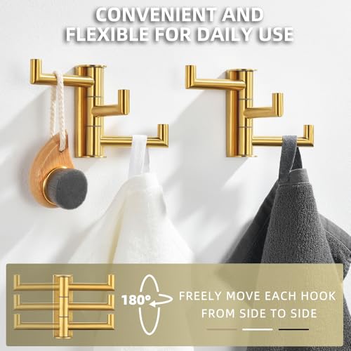 Angle Simple Towel Hooks, Swivel Bathroom Hook, Brushed Dark Gold, 2 Pack | SUS304 Stainless Steel, Folding 3 Arms, Kitchen Hand Towel Dishcloth Holder, Space Saver Fits Narrow Spot, Screws Mounted - color: Brushed Dark Gold, size: 2 Pack