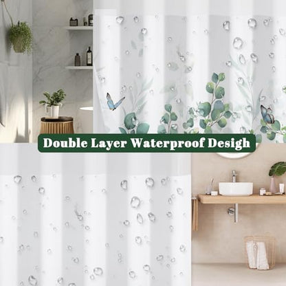 No Hook Eucalyptus Shower Curtain with Snap in Liner, 71x74 Inch | Double Layer Waterproof Bath Curtain with Mesh Top, Soft Green Botanical Leaf & Butterfly Print for Modern Farmhouse Bathroom - color: Eucalyptus