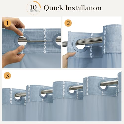 Blue Ringless Boho Striped Tassel Shower Curtain with Snap Liner 72x75 | Heavy Duty Linen Blend, 3 in 1 Shower Curtain Set, Farmhouse Style, Waterproof & Washable, Mesh Top Window, Easy to Install - color: Blue, size: 72"W x 75"L (Pack of 1)