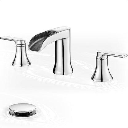 Chrome Bathroom Faucet, 2 Handles Brass Widespread Waterfall Faucet for Bathroom Sink, 4-10 Inch Sink Faucet Bathroom 3 Hole, Farmhouse RV Restroom Vanity Faucet with Pop Up Drain & Water Hoses - color: Chrome, style: WITH Pop Up Drain