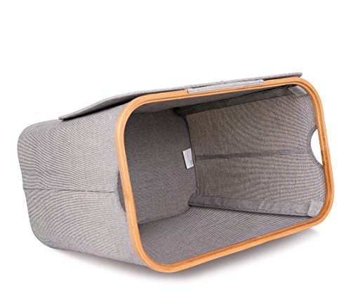 BirdRock Home Bamboo & Canvas Hamper | Single Laundry Basket with Lid | Foldable Hamper | Cut Out Handles