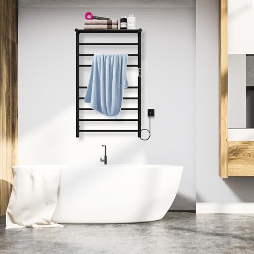 Heated Towel Racks for Bathroom, 11Bar Electric Towel Warmer Rack with Shelf & 2 Hooks, Wall-Mounted Time Setting and Temperature Control Heated Drying Rack for Home, Salon, Spa (Black - color: Black