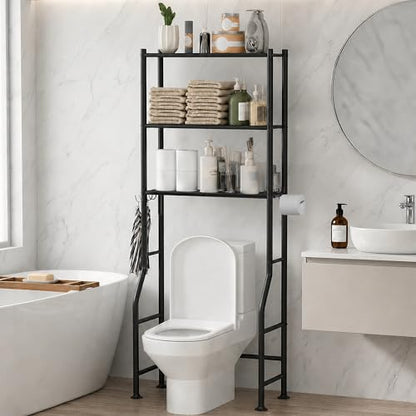 GloTika 3-Tier Over Toilet Storage, Anti-Tilt, 64" H, Black | Anti-Tilt Safety System, 150lb Capacity, Carbon Steel, Freestanding, No Drilling, Anti-Rust Coating, Paper Holder & 4 Hooks - color: Black, size: 3-Tier