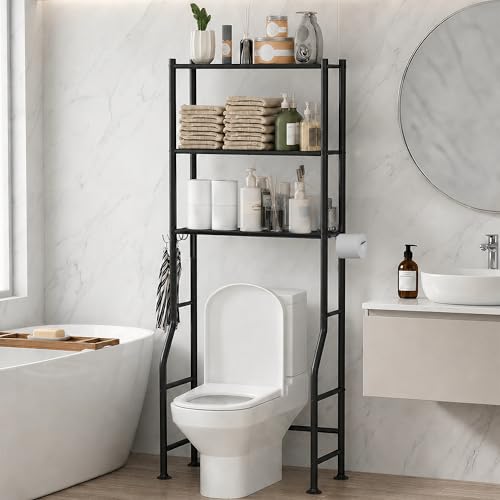 GloTika 3-Tier Over Toilet Storage, Anti-Tilt, 64" H, Black | Anti-Tilt Safety System, 150lb Capacity, Carbon Steel, Freestanding, No Drilling, Anti-Rust Coating, Paper Holder & 4 Hooks - color: Black, size: 3-Tier