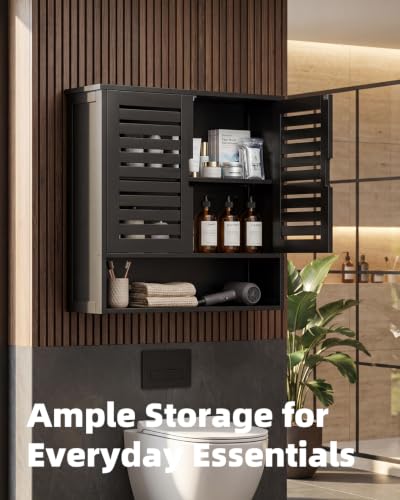 SMIBUY Bathroom Cabinet Wall Mounted, Bamboo Over-The-Toilet Storage Organizer, Space Saver Medicine Cabinet with 2 Door and Adjustable Shelves (Black) - color: Black