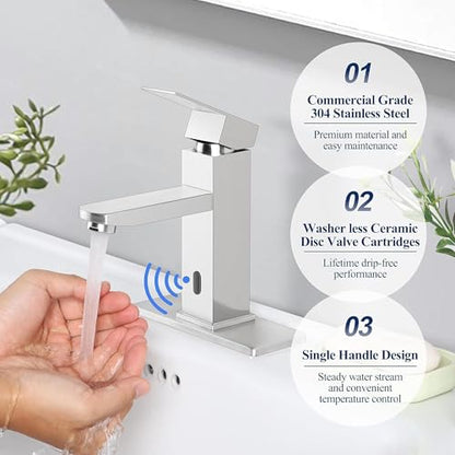 Herogo Touchless Bathroom Faucets Brushed Nickel Stainless Steel Automatic Motion Sensor Bathroom Faucet RV Bar Sink Faucet for 1-3 Hole Single-Handle with Pop Up Drain Stopper Water Supply Hoses - color: Brushed Nickel