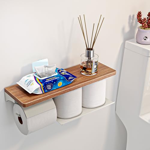 Wall Mounted Double Roll Toilet Paper Holder with Shelf Storage,White | 16" x 5.31" Real Walnut Shelf| Holds 2 Rolls| Protective Top Shelf Keeps Paper Dry| Rust-Resistant Steel Build | Screw Mount - color: White
