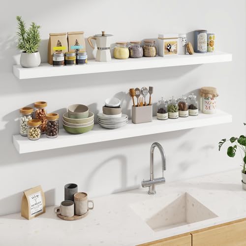 Fun Memories 60 Inch Fireplace Mantel - Long Floating Shelf, Wall Mounted Farmhouse Display with Invisible Heavy Duty Metal Bracket, White, 2 Pack - color: White, size: 60"W x 6.5"D