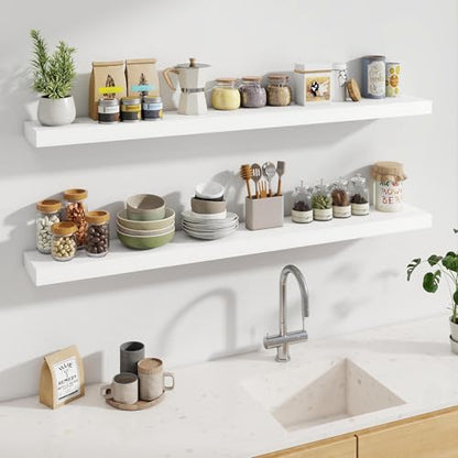 Fun Memories 60 Inch Fireplace Mantel - Long Floating Shelf, Wall Mounted Farmhouse Display with Invisible Heavy Duty Metal Bracket, White, 2 Pack - color: White, size: 60"W x 6.5"D