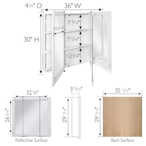 Design House Wyndham Tri-View Medicine Cabinet, 36", White | Wall Mount, Transitional, Wood, Bath, 545103-WHT - color: White, size: 36 in. W x 30 in. H