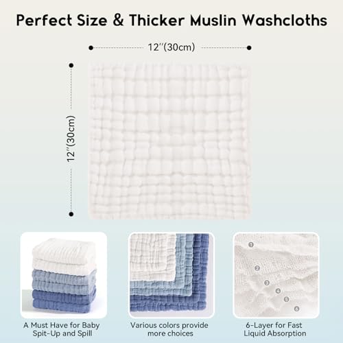 Unnivoll Muslin Burp Cloths Baby 12''X12'', Baby Washcloths 6 Pack, 100% Cotton Baby Wash Cloths Absorbent and Soft for Newborn Infants Kids Boys Girls - Gradient Blue - color: Gradient Blue