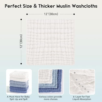 Unnivoll Muslin Burp Cloths Baby 12''X12'', Baby Washcloths 6 Pack, 100% Cotton Baby Wash Cloths Absorbent and Soft for Newborn Infants Kids Boys Girls - Gradient Blue - color: Gradient Blue