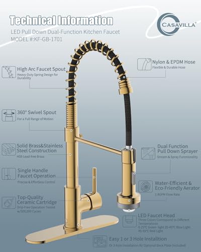 LED Kitchen Faucet, Brushed Gold Kitchen Faucet with Soap Dispenser and Deck Plate, Faucet for Camper Farmhouse RV Kitchen Sink, Single Handle Kitchen Sink Faucets with Pull Down Sprayer - color: C-Brushed Gold, style: Rustic