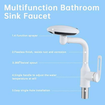 Bathroom Sink Faucet 1 Hole, White Multifunctional Basin Faucet with 4 Water Outlet Modes, Modern 360°Rotatable Bar Tap with Two Water Supply Pipes - color: White