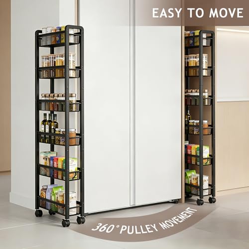 6 Tier Slim Rolling Storage Cart, Narrow Kitchen Storage Cart, Spice Rack Organizer with Wheels, Space Saving Shelf for Living Room, Laundry Room, Bathroom, Narrow Spaces