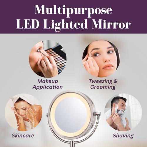 JERDON Hardwired Wall-Mount Makeup Mirror - 8X/1X - Nickel - HL88NLD | 8.5" Round Frame, 13.5" Wall Arm, LED Lighting, Direct Wire Installation - color: Nickel Direct Wire