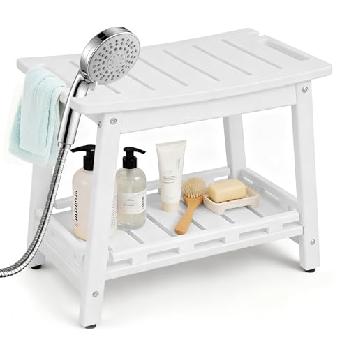 Large HDPE Shower Bench Seat for Shaving Legs, Waterproof Shower Stool with Storage Shelf for Bathroom, White - color: White, size: 20.8*12.6*17.3in