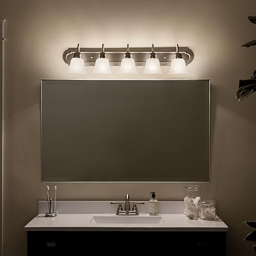 Kichler 36" 5-Light Vanity Bath Light in Brushed Nickel, Modern Bathroom Light with Clear Satin Etched Glass, (36" W x 8" H), 5339NIS - color: Brushed Nickel, size: 36"