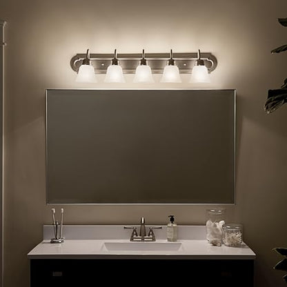 Kichler 36" 5-Light Vanity Bath Light in Brushed Nickel, Modern Bathroom Light with Clear Satin Etched Glass, (36" W x 8" H), 5339NIS - color: Brushed Nickel, size: 36"