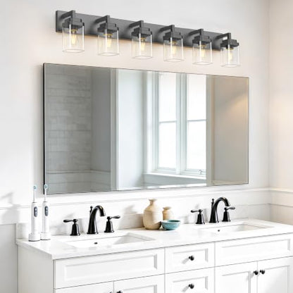Matte Black Bathroom Light Fixtures, Modern Vanity Lights with Clear Glass Lamp Shade, Bathroom Lighting Fixtures Over Mirror, Restroom Vanity Lighting Fixture, 6-Light 46 Inch - color: Blakc, size: 6-Light