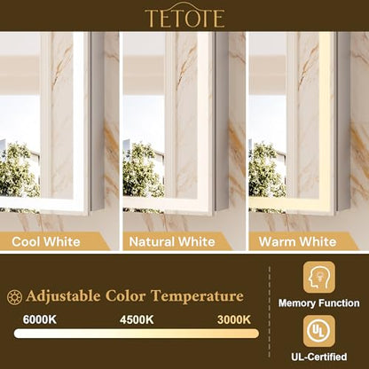 TETOTE 48 x 32 Lighted Bathroom Medicine Cabinet with Adjustable Shelves, Silver Aluminum Cabinet, Anti-Fog Stepless Dimmable 3 Colors White/Warm/Natural, Easy to Install(Wall Mount/Recessed) - color: Silver, size: 32"L x 48"W