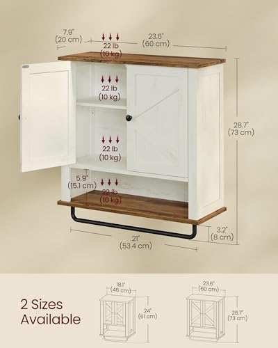 VASAGLE LIRY Collection - Bathroom Wall Cabinet, Farmhouse Wall-Mounted Medicine Storage Cabinet with 2 Barn Doors, Adjustable Shelf, Towel Bar, 7.9 x 23.6 x 28.7 Inches, Rustic White UBBK131W01S - color: Rustic White, style: 2Doors（28.7"H）