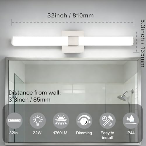 32-inch Dimmable Vanity Light Fixture: Brushed Nickel Modern Sleek LED Bathroom Light Bar Brightness& Waterproof - color: Upgraded - Brushed Nickel - Dimmable, size: 32 inch