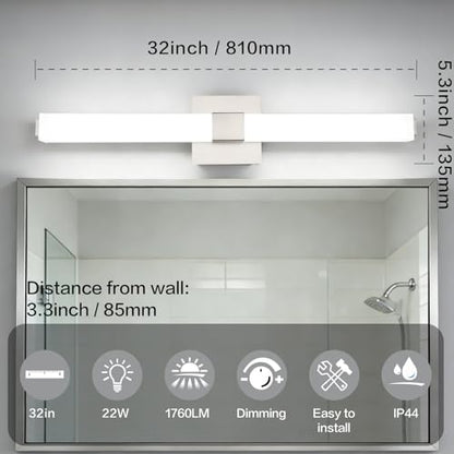 32-inch Dimmable Vanity Light Fixture: Brushed Nickel Modern Sleek LED Bathroom Light Bar Brightness& Waterproof - color: Upgraded - Brushed Nickel - Dimmable, size: 32 inch