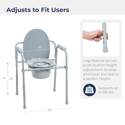 Drive Medical Folding Steel Bedside Commode Chair, 3-in-1, Gray | Folding Steel Bedside Commode Chair Offers 3-in-1 Portable Toilet Design with 7.5 Qt Bucket and 350 Lb Capacity
