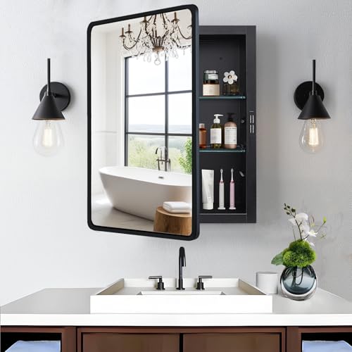 Black Medicine Cabinet 20x26 inch, Bathroom Mirror with Storage, Recessed or Wall Mounted Farmhouse Cabinets, Metal Framed Adjustable Shelves, One Door Open Left or Right - size: 20x26