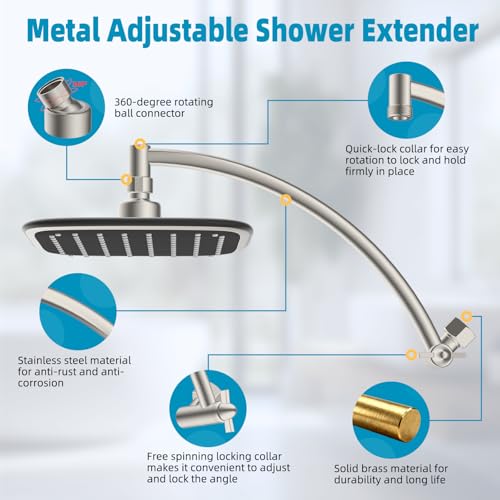 Rain Shower Head with 12" Metal Extension Arm, 10" High-Pressure Showerhead | Brushed Nickel, Boosting Rainfall/Fixed Showerhead, Shower Head Extender Adjustable Height/Angle, 1-Min Easy to Install - color: Brushed Nickel, size: 12 Inch