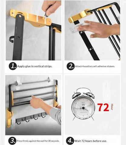 Towel Storage for Small Bathroom、 24 inch Towel Rack，Bath Towel Holder， Foldable Towel Rack with 7 Hooks, Bathroom and Toilet wall Mounted Towel Rack Made of Aviation Aluminum (Luxury Black Gold)