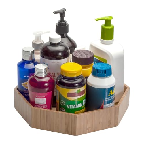 Bamboo 360 Rotating Bathroom Toiletry & Cosmetic Spinning Tray for Countertops and Vanity with Lazy Susan Turntable, 10” Diameter with 2” Ledge