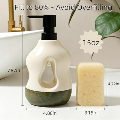BosilunLife Ceramic Soap Dispenser - Soap Pump Dispenser Bathroom Kitchen Modern Farmhouse Elegant Refillable Soap Dispenser Lotion Hand Pump Dispenser for Kitchen Sink (Beige with Sage Base, 15oz) - color: Beige With Sage Base