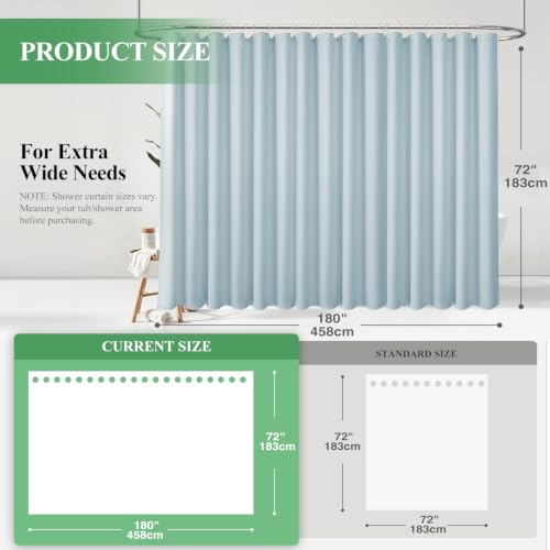 Extra Wide Waffle Shower Curtain 256 GSM Fabric 180x72 Fog Blue | 180 Inch Wide, Thick Cloth, Weighted Hem, Water Repellent, Hotel Luxury Polyester Shower Curtain Set for Bathroom 32 Hooks - color: Fog Blue, size: 180"W x 72"L (Pack of 1)