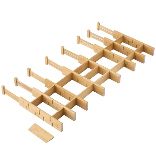 Bamboo Drawer Dividers with Inserts kitchen drawer organizer Adjustable Expandable 8 Pack Organizer Set for Kitchen Bedroom Bathroom Office 8 Dividers with 16 Inserts (Natural, Small (14-19IN))