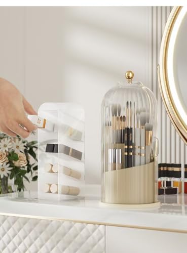 Concealed Toothbrush Holder, Makeup Brush Holder Organizer with Lid 360 Rotating Clear Dustproof for Dresser Tabletop Bathroom Countertop (Milky White) - color: Milky White
